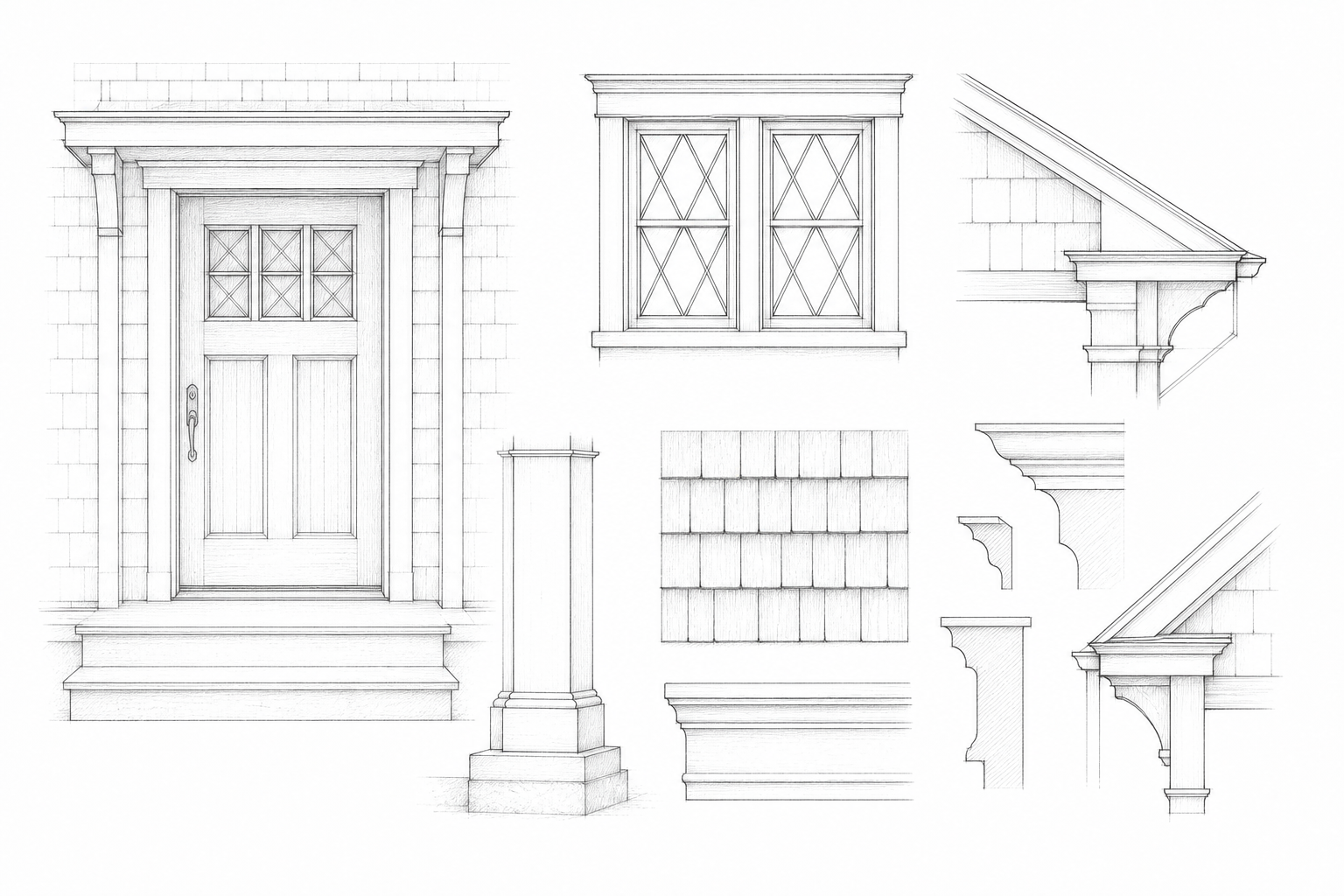 Architectural pencil sketches of doors, windows, trim, shingles, and porch details